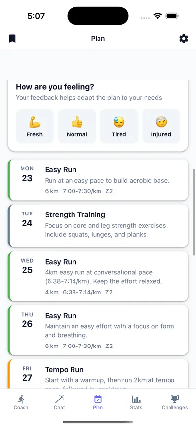 A beginner-friendly week of workouts with easy runs, strength and a how-are-you-feeling check-in