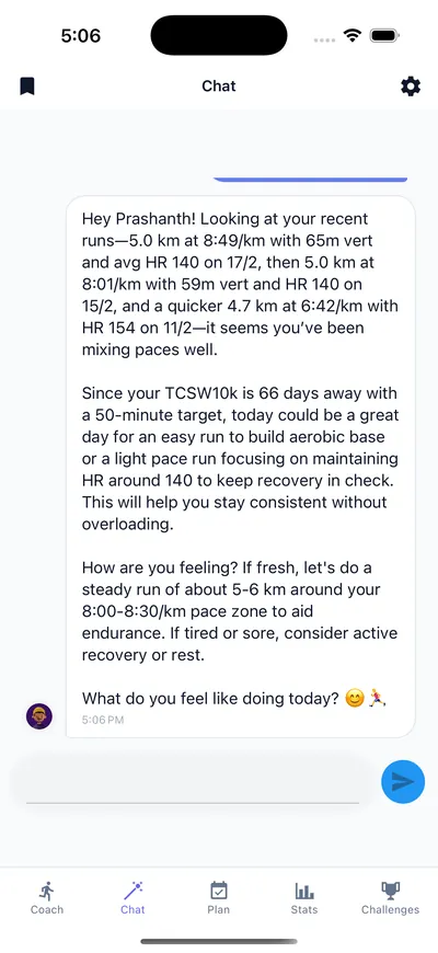 AI running coach chat explaining today's session in plain language