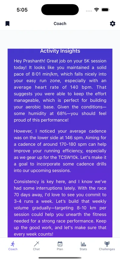 AI analysis of a completed run covering pace, heart rate and cadence