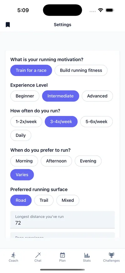 Runner profile setup asking about motivation, experience level, running days per week and surface