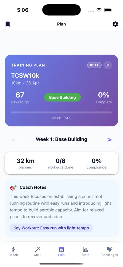 Generated race training plan card in the Running Genie app showing race countdown, training phase, and week 1 of 9
