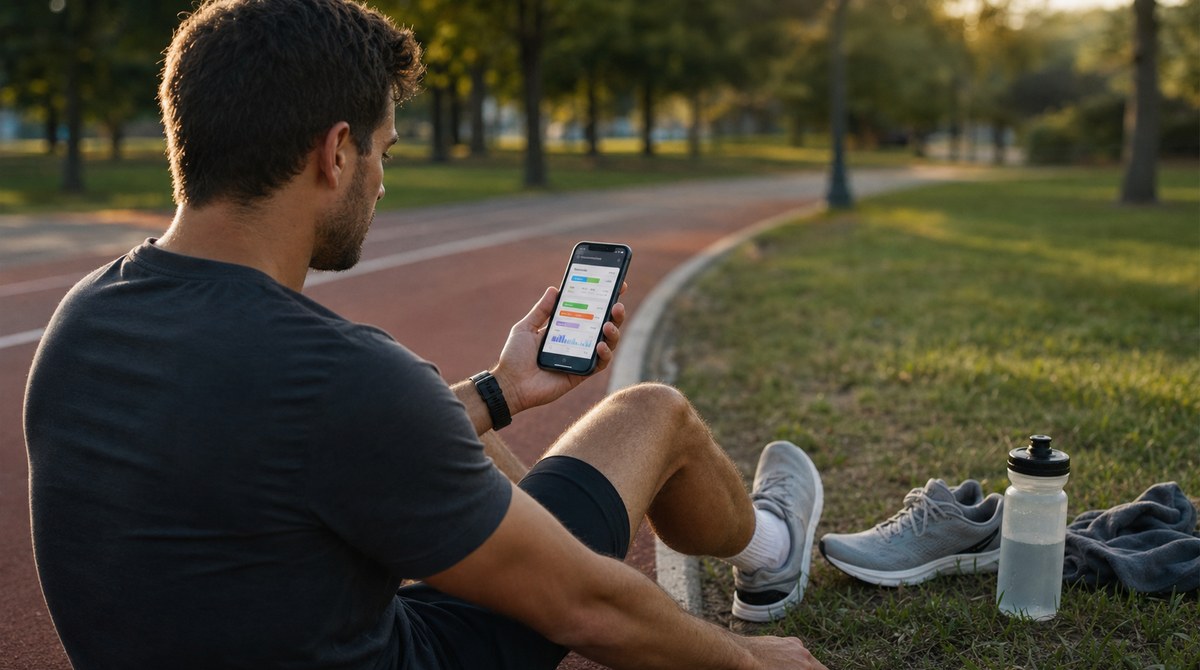 Runner starting a workout from a GPS watch with a phone showing a training plan