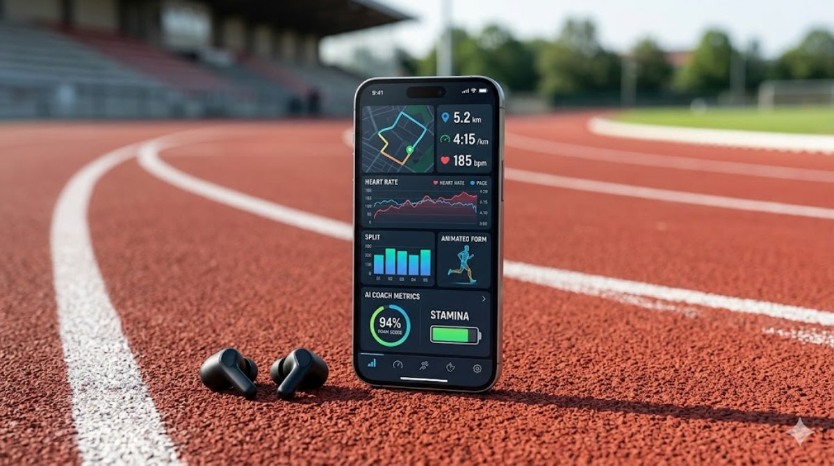 Smartphone displaying AI running coach app on a running track