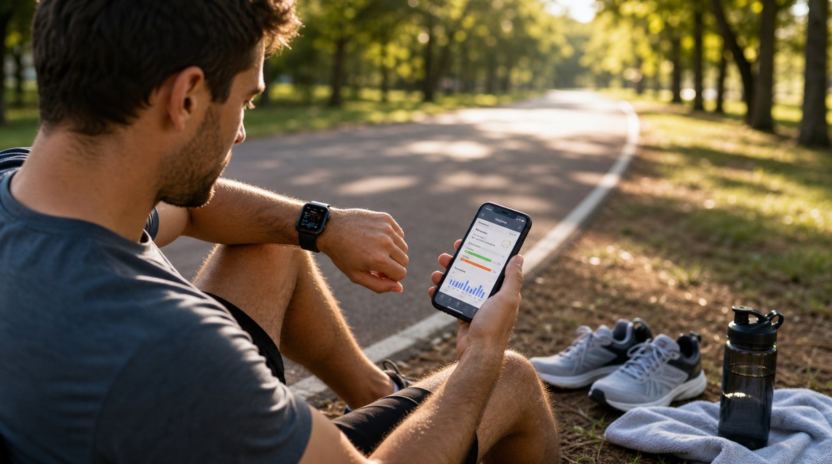 Runner starting a workout on an Apple Watch with running shoes and a phone nearby