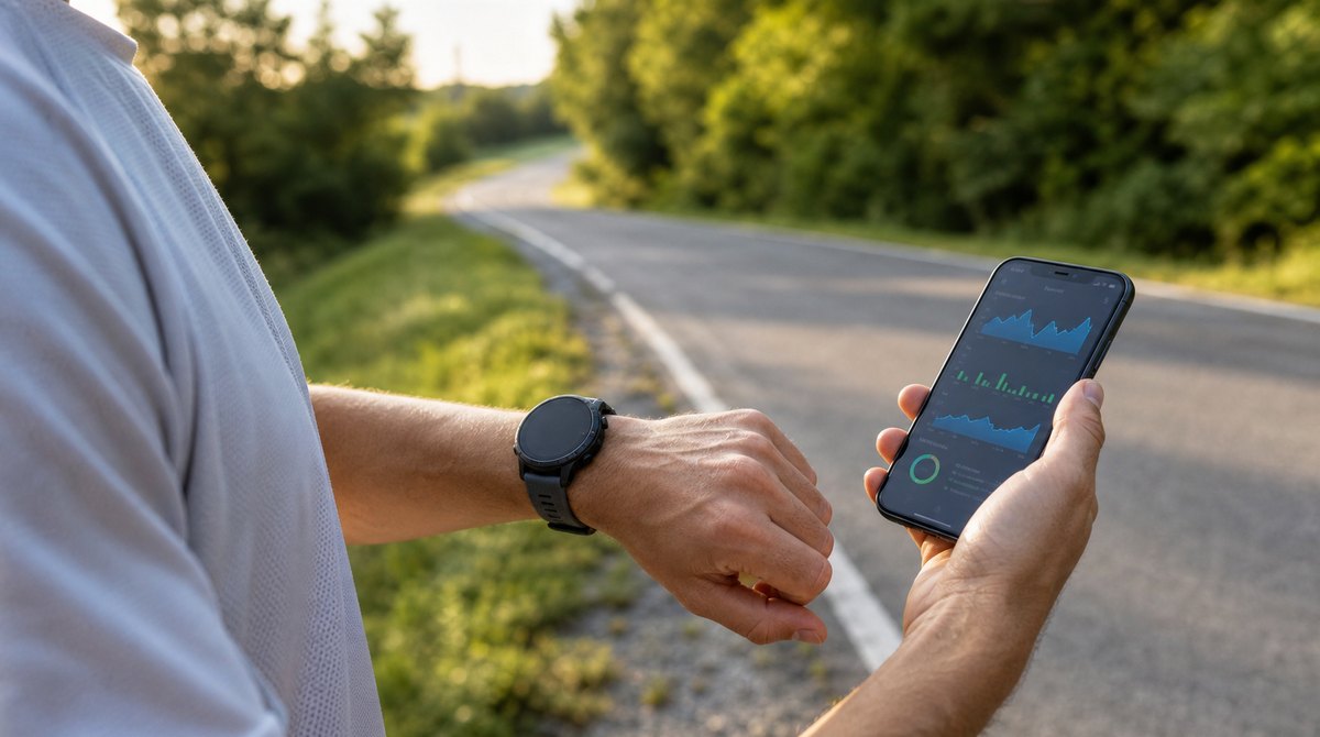 Runner reviewing generic GPS watch training data after a road workout