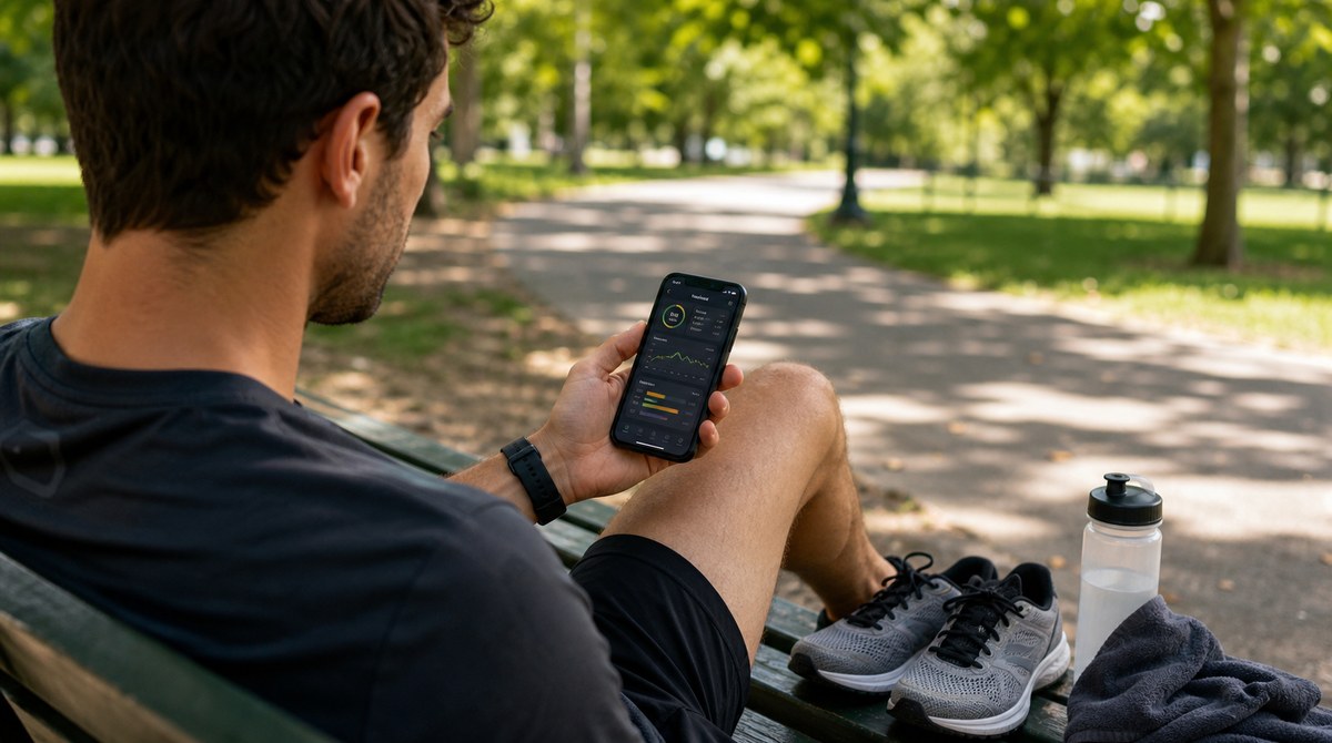 Runner checking daily activity and sleep on a Fitbit beside a phone and running shoes