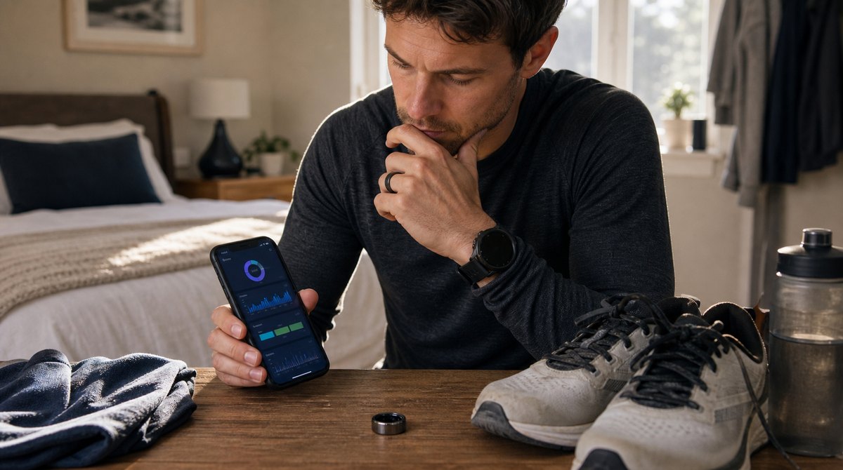Runner reviewing recovery and training context with a smart ring, shoes, and phone before a run