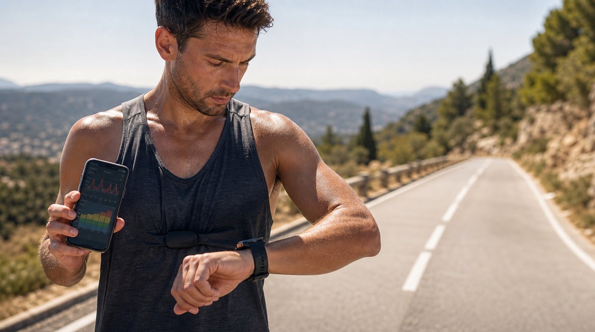Runner reviewing heart-rate focused training data from a generic sports watch and phone