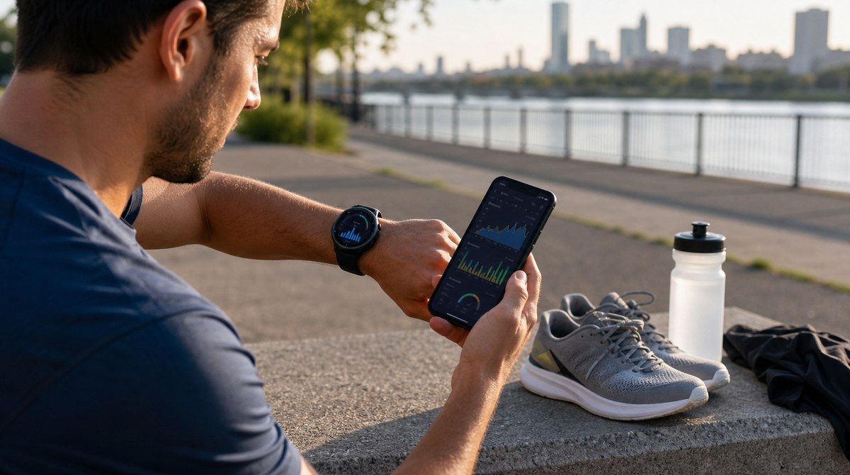 Runner reviewing a workout on a Samsung Galaxy Watch beside an Android phone and running shoes