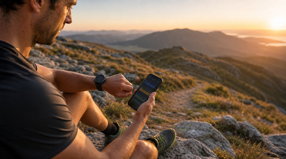 Trail runner reviewing a generic outdoor GPS watch and phone after a mountain run