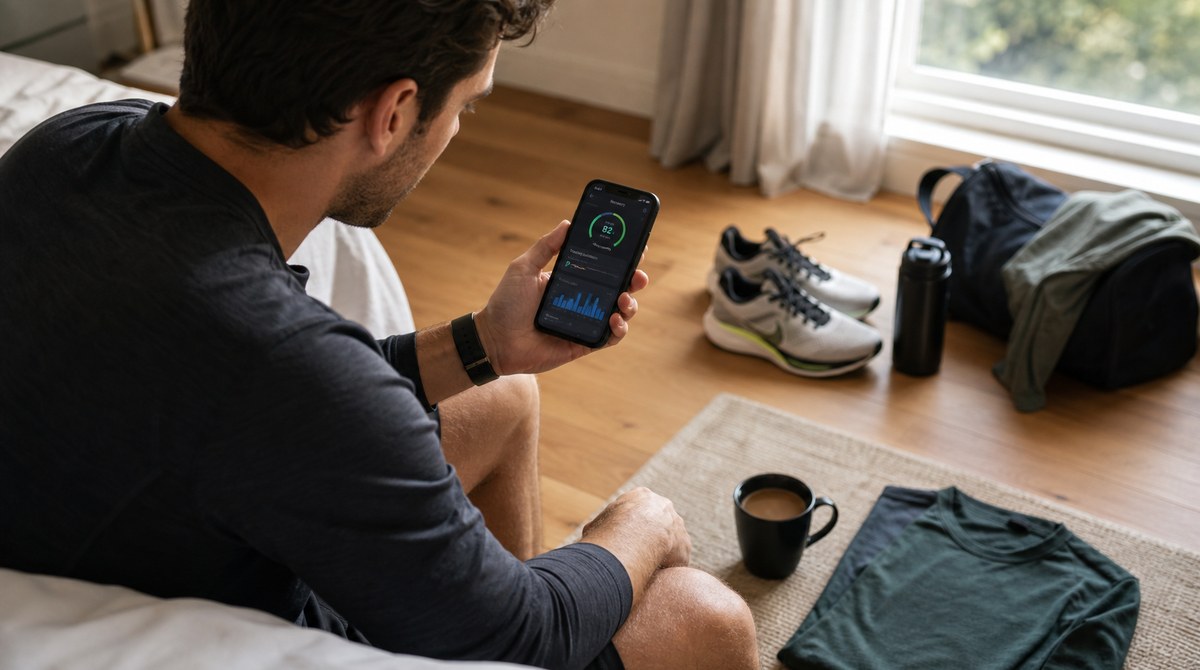 Runner checking a recovery score on a phone next to a wrist strap and running shoes before a workout