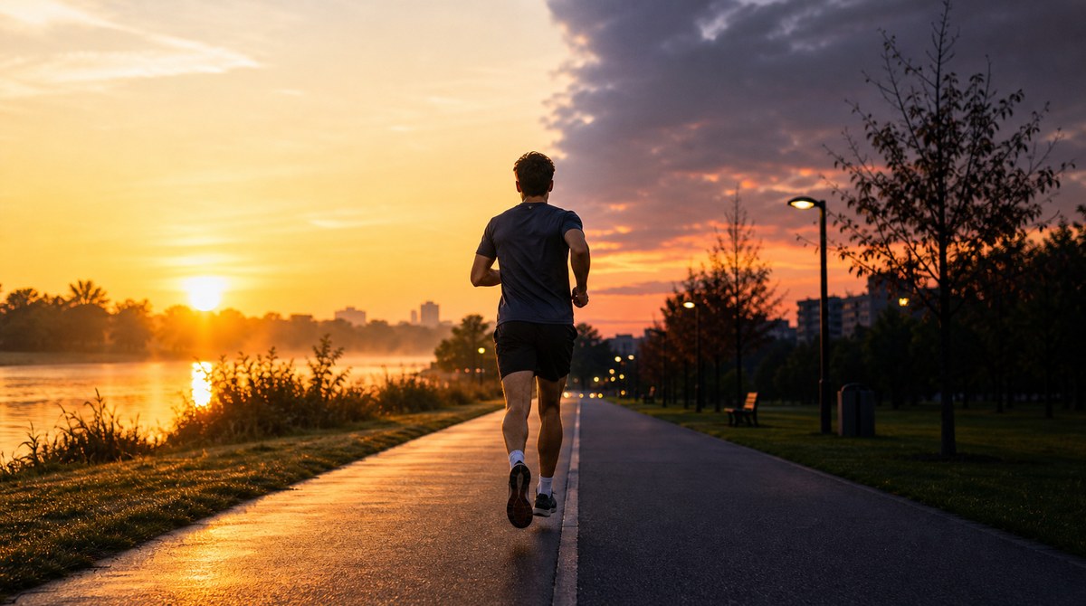 Split scene of a runner at sunrise and another at dusk, suggesting morning versus evening running