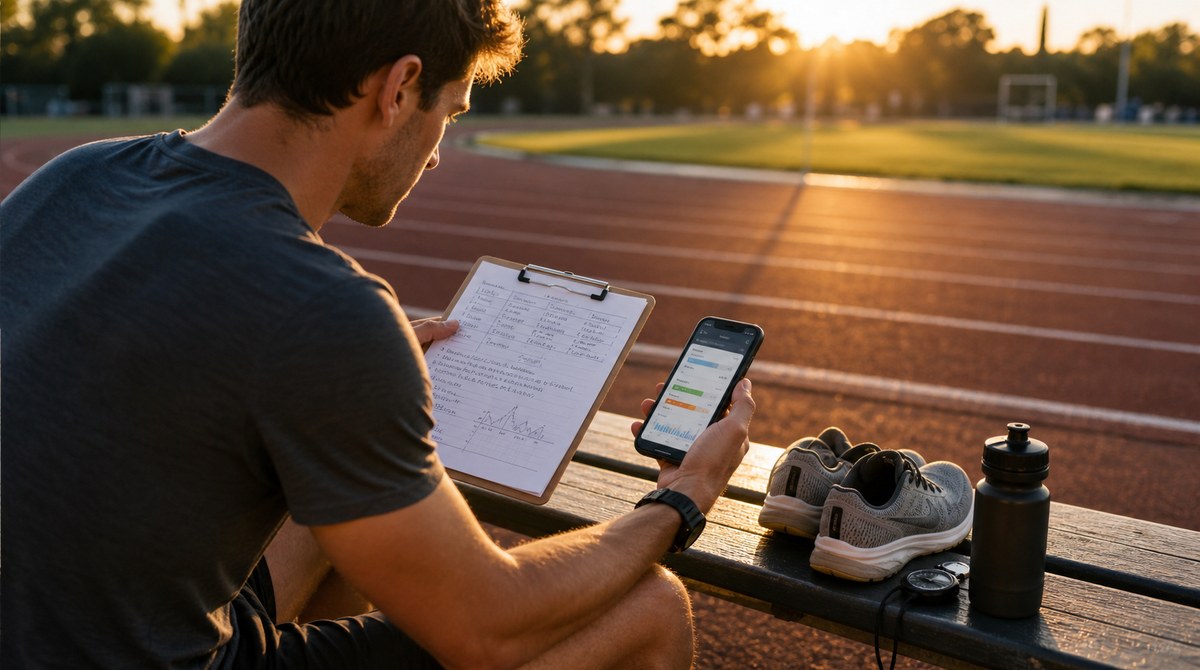 Runner reviewing a training plan on a phone, contemplating coaching options after a run