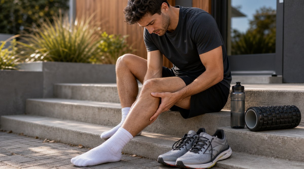 Runner sitting on steps gently massaging sore calf muscles after a hard run