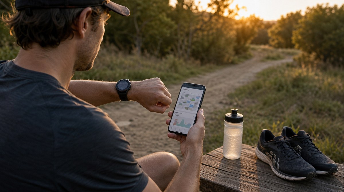 Garmin watch showing a daily suggested workout next to a runner preparing to train