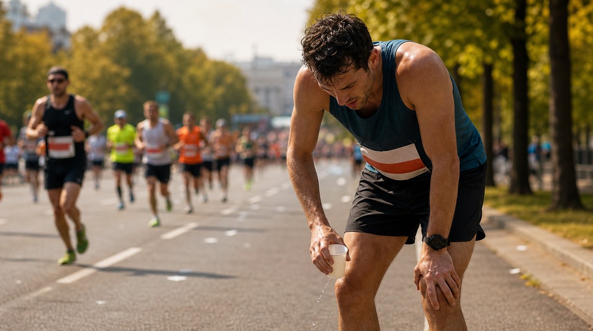Marathon runner slowing in the late stages of a race on a long city road