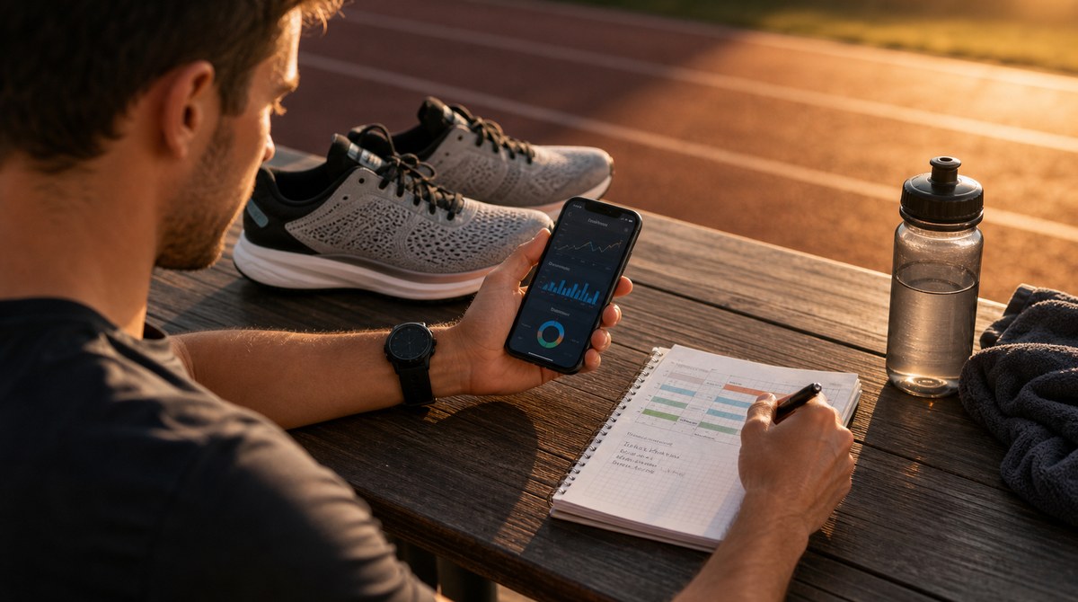 Runner planning a marathon goal pace using a phone, watch, and notebook