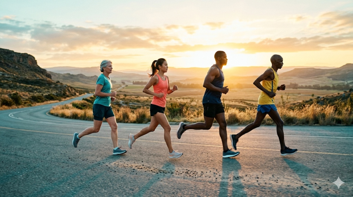 Multiple runners with different natural running gaits silhouetted at sunrise - there is no single perfect form