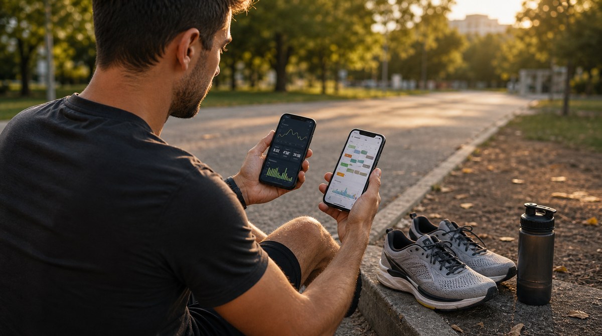 Runner choosing a guided run on a phone before heading out, shoes and headphones nearby