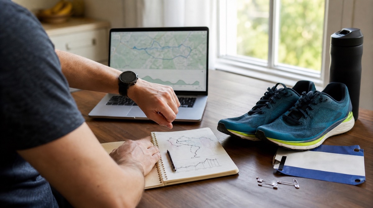 Runner planning race pacing with a laptop, watch, and running shoes
