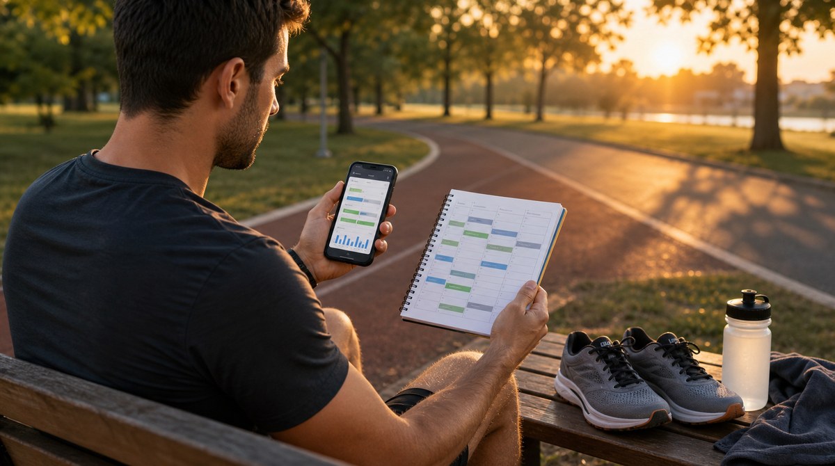 Runner comparing two running plan apps on a phone after a workout, shoes nearby