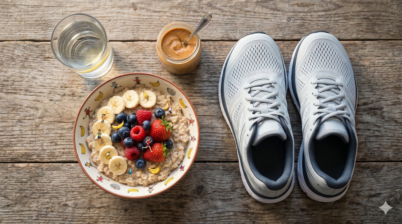 Overhead flat-lay of a runner's pre-run fuel - oats with banana and berries, water, peanut butter, and running shoes