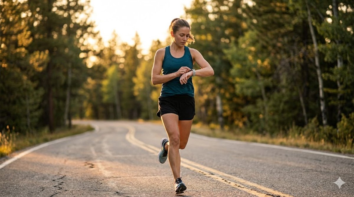 Runner checking GPS smartwatch while jogging at golden hour