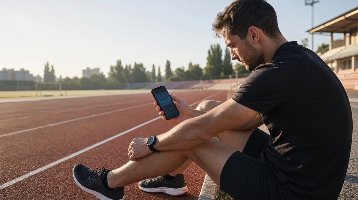 Runner reviewing training pace data on a phone after a track workout