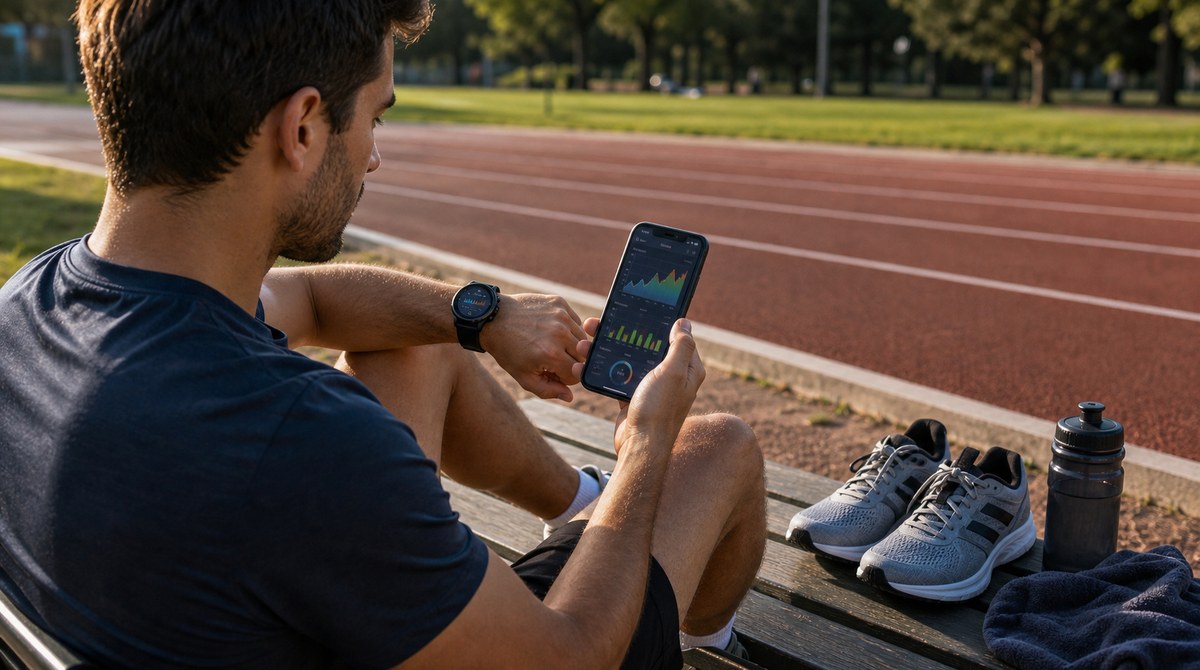 Runner checking a VO2 max estimate on a watch and phone after a workout