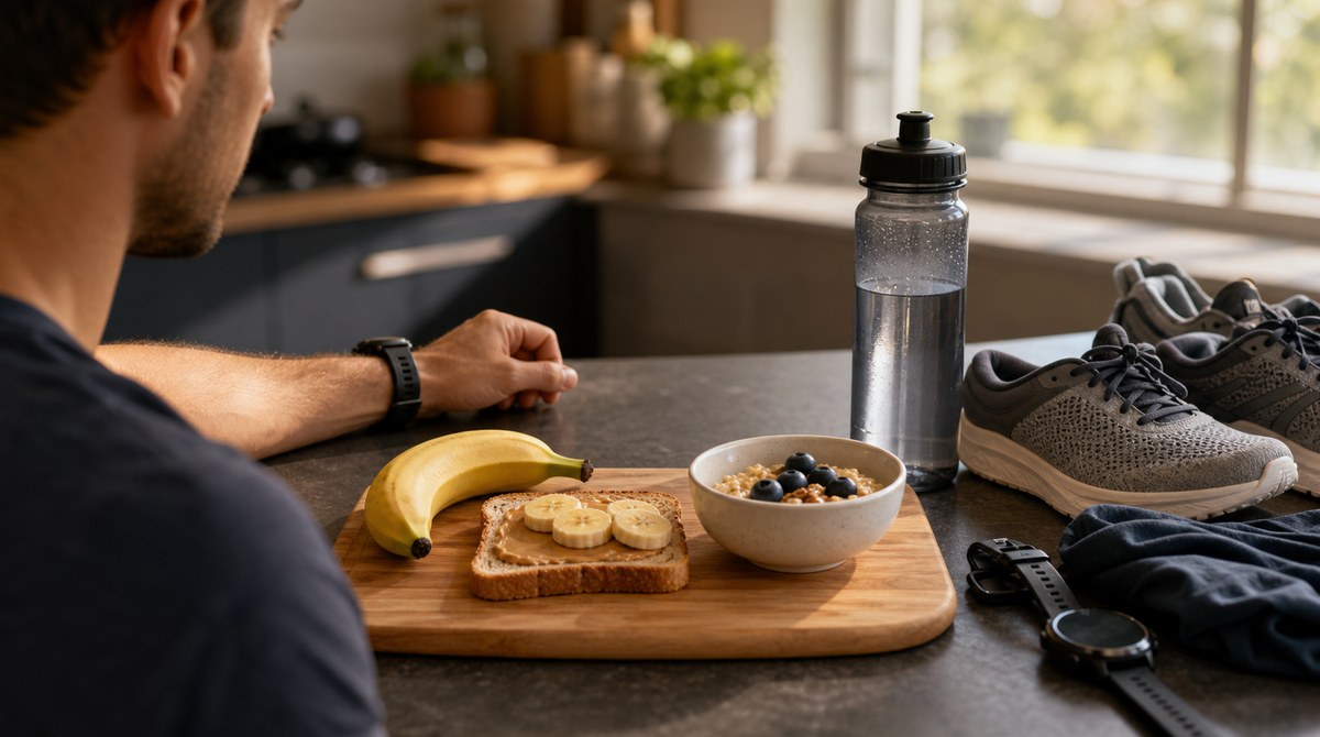 Simple pre-run snack of a banana and toast next to running shoes and a water bottle