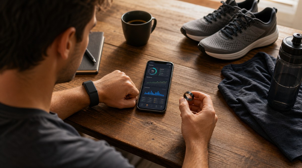 A wrist recovery band and a smart ring resting beside running shoes and a phone showing recovery data