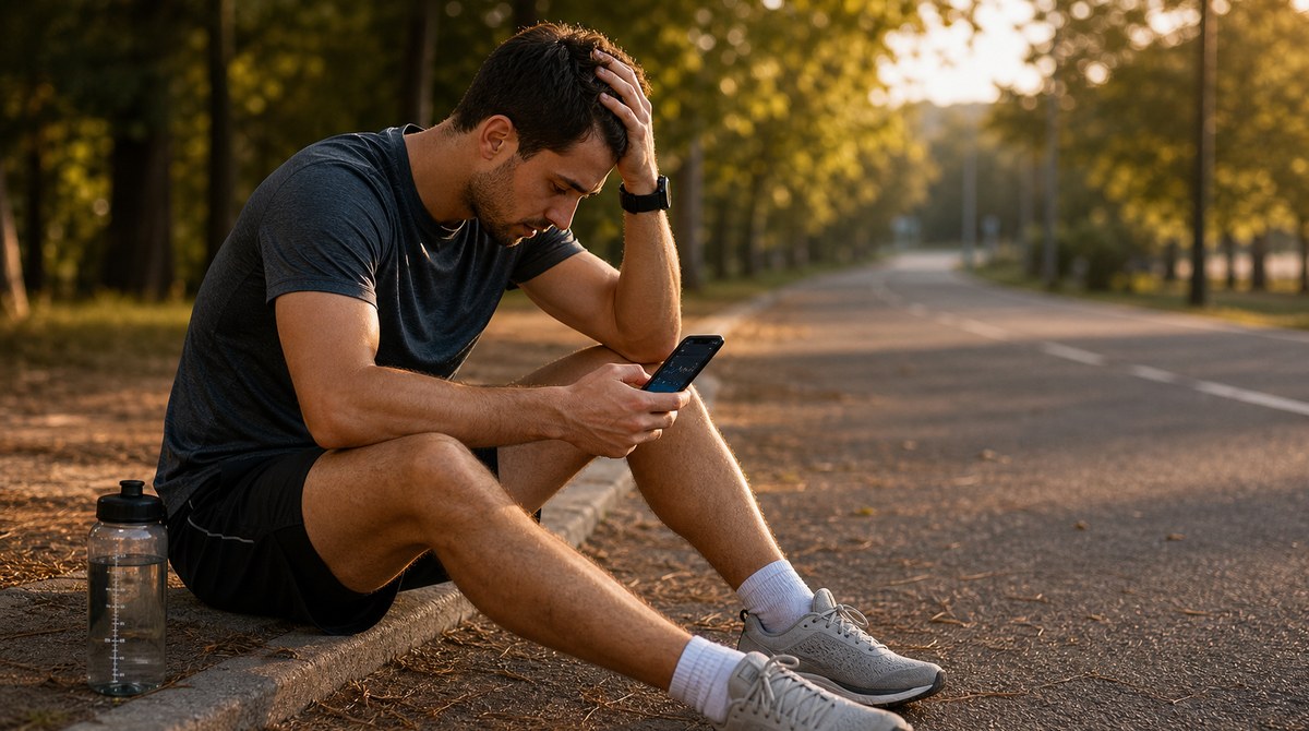 Tired runner pausing to check a watch during a run, looking frustrated with the pace