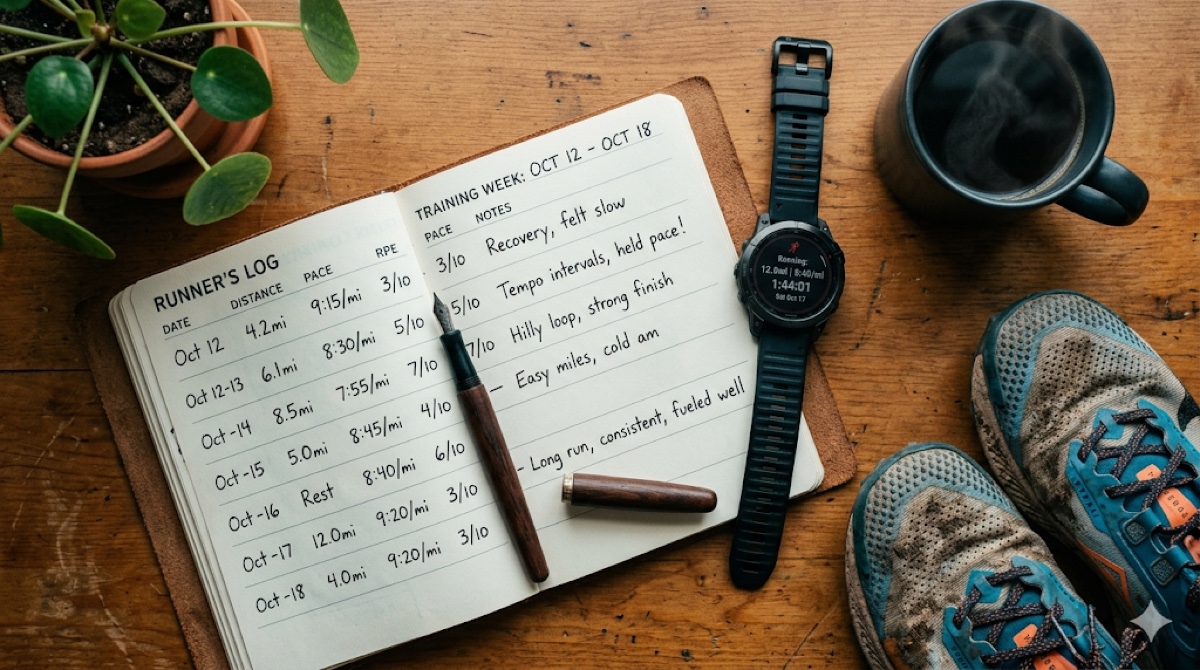 An open running notebook with a pen, GPS watch and morning coffee - a runner's daily training log